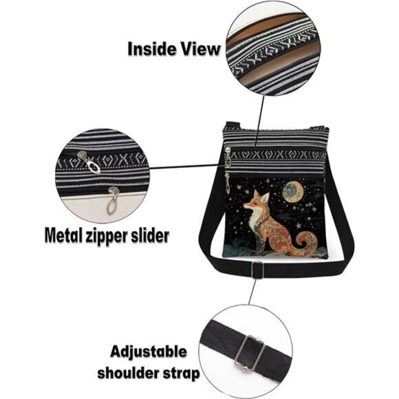 Fox Art Print Crossbody Bag Adjustable Unisex Shoulder Bag for Christmas - Picture 6 of 8